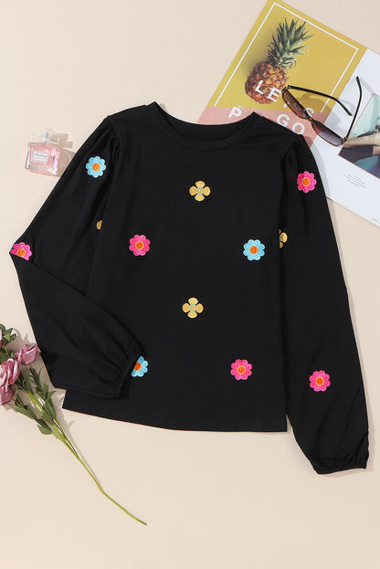 Grey Floral Embroidered Puff Sleeve Top