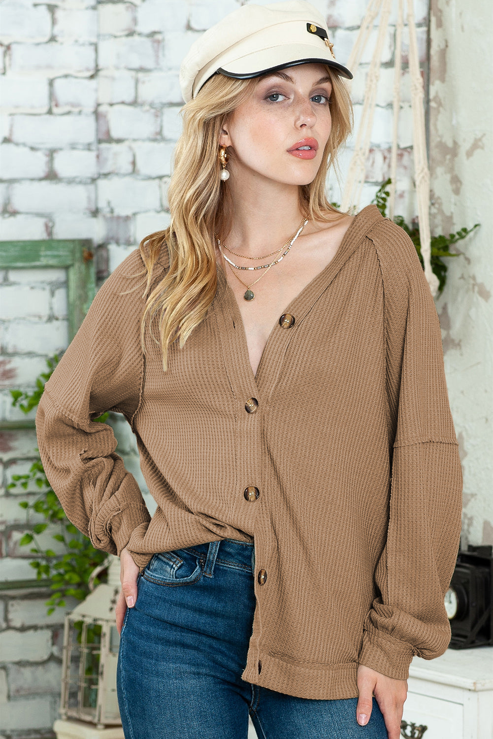 Khaki Exposed Seam Button Front Waffle Knit Cardigan