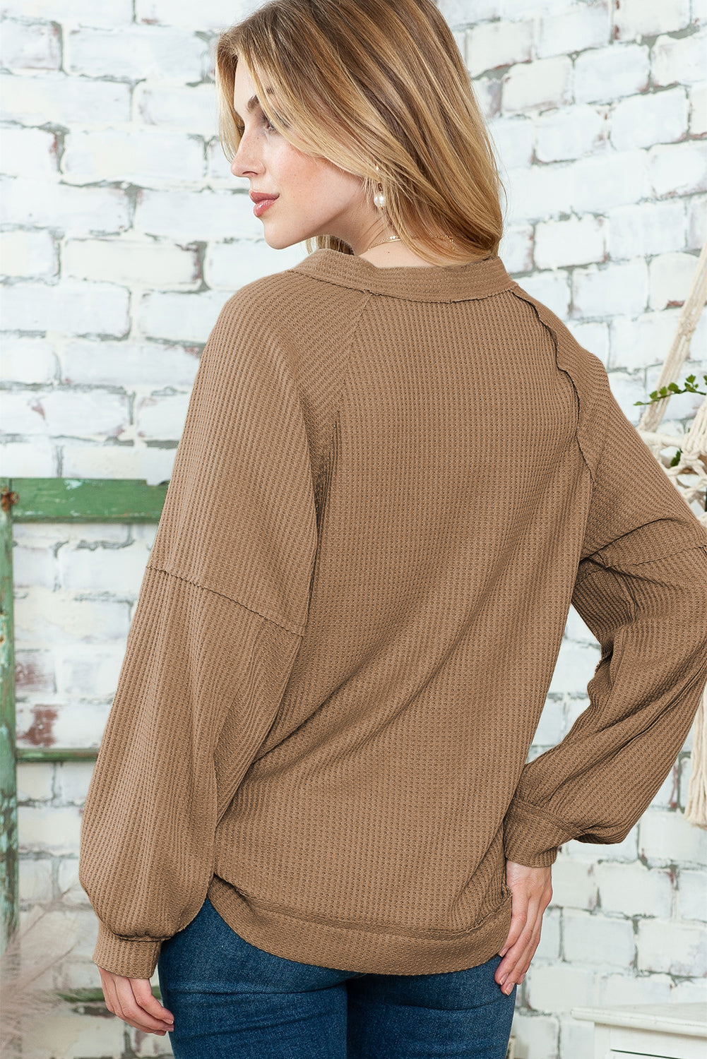 Khaki Exposed Seam Button Front Waffle Knit Cardigan