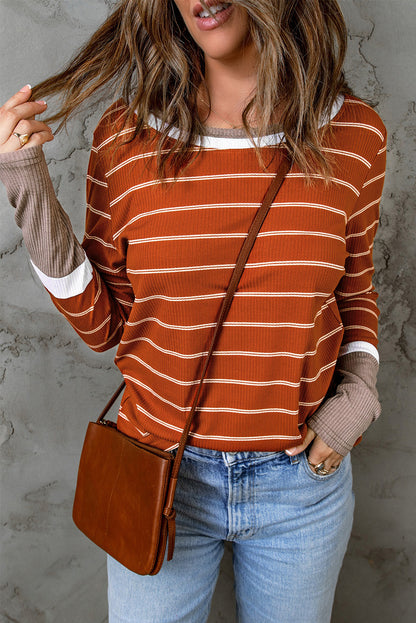 Brown Contrast Spliced Color Block Cuffs Rib Knit Top