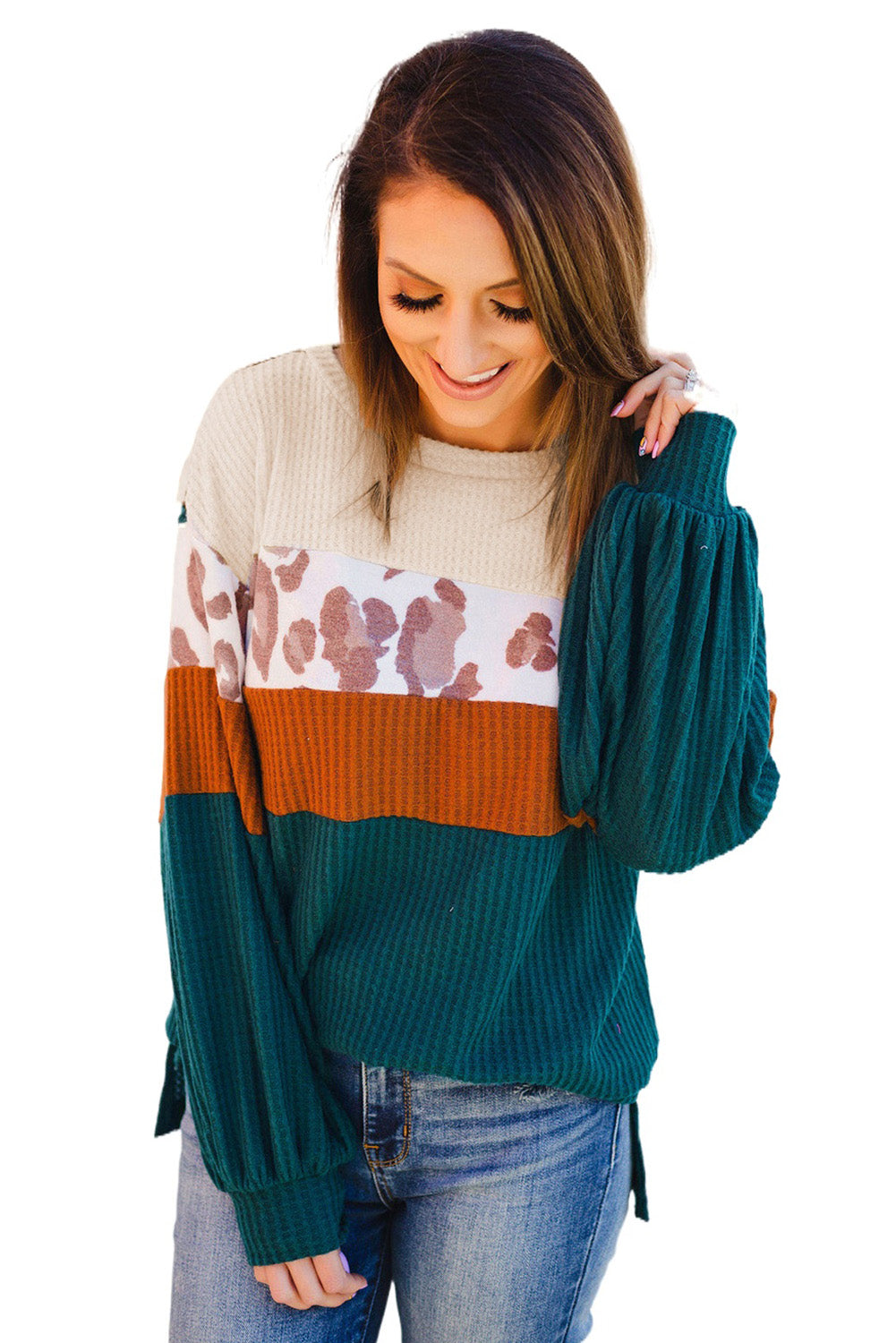 Green Leopard Color Block Casual Waffle Knit Top