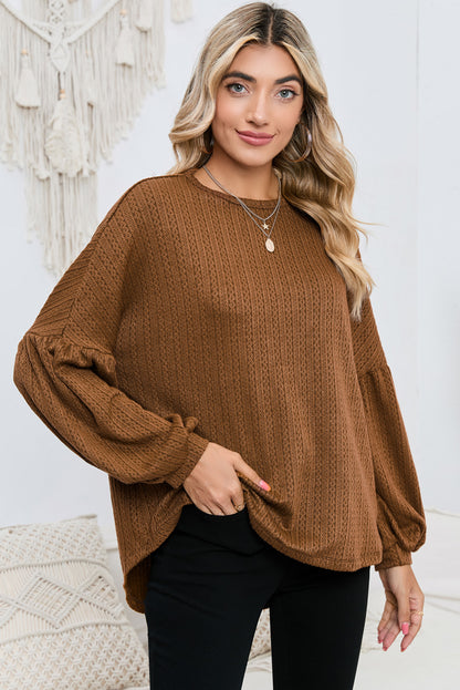 Brown Solid Color Textured Pullover Casual Top