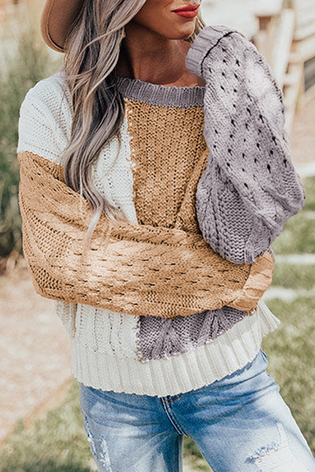 Brown Casual Colorblock Mixed Textured Sweater