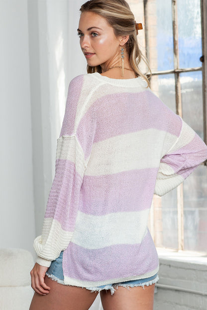 Pink Striped Long Sleeve Henley Knit Sweater with Slits