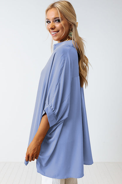 Sky Blue Plain 3/4 Batwing Sleeve Oversize Button Up Shirt