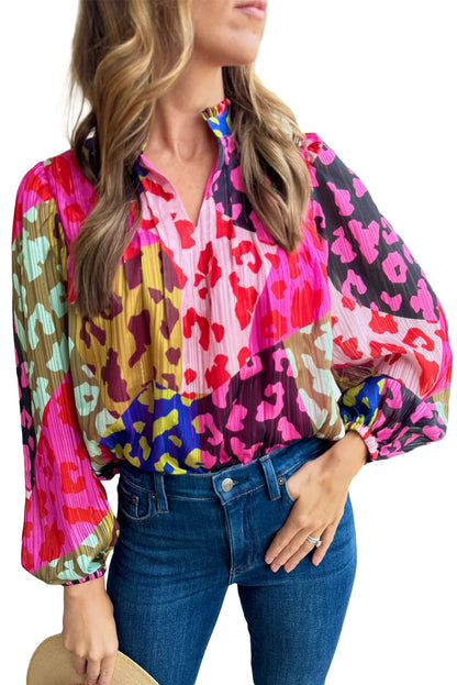 Rose Leopard Color Block Puff Sleeve Crinkle Blouse