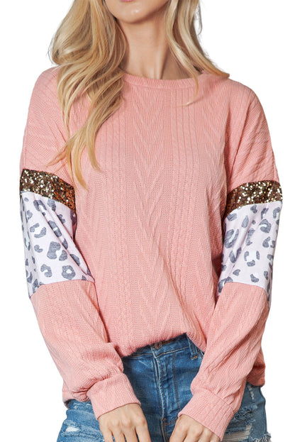 Pink Leopard Sequin Textured Knit Top