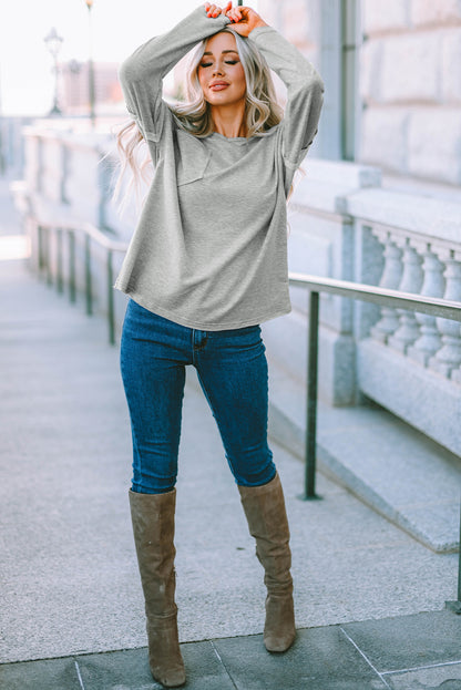 Grey V Neck Exposed Seam Drop Shoulder Long Sleeve Top