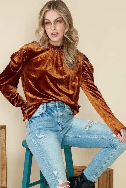 Chestnut Velvet Frilled Neck Ruched Puff Sleeve Top