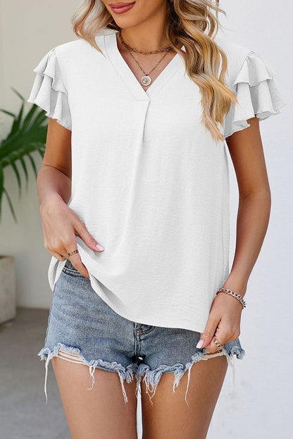 White V Neck Ruffle Short Sleeve Blouse