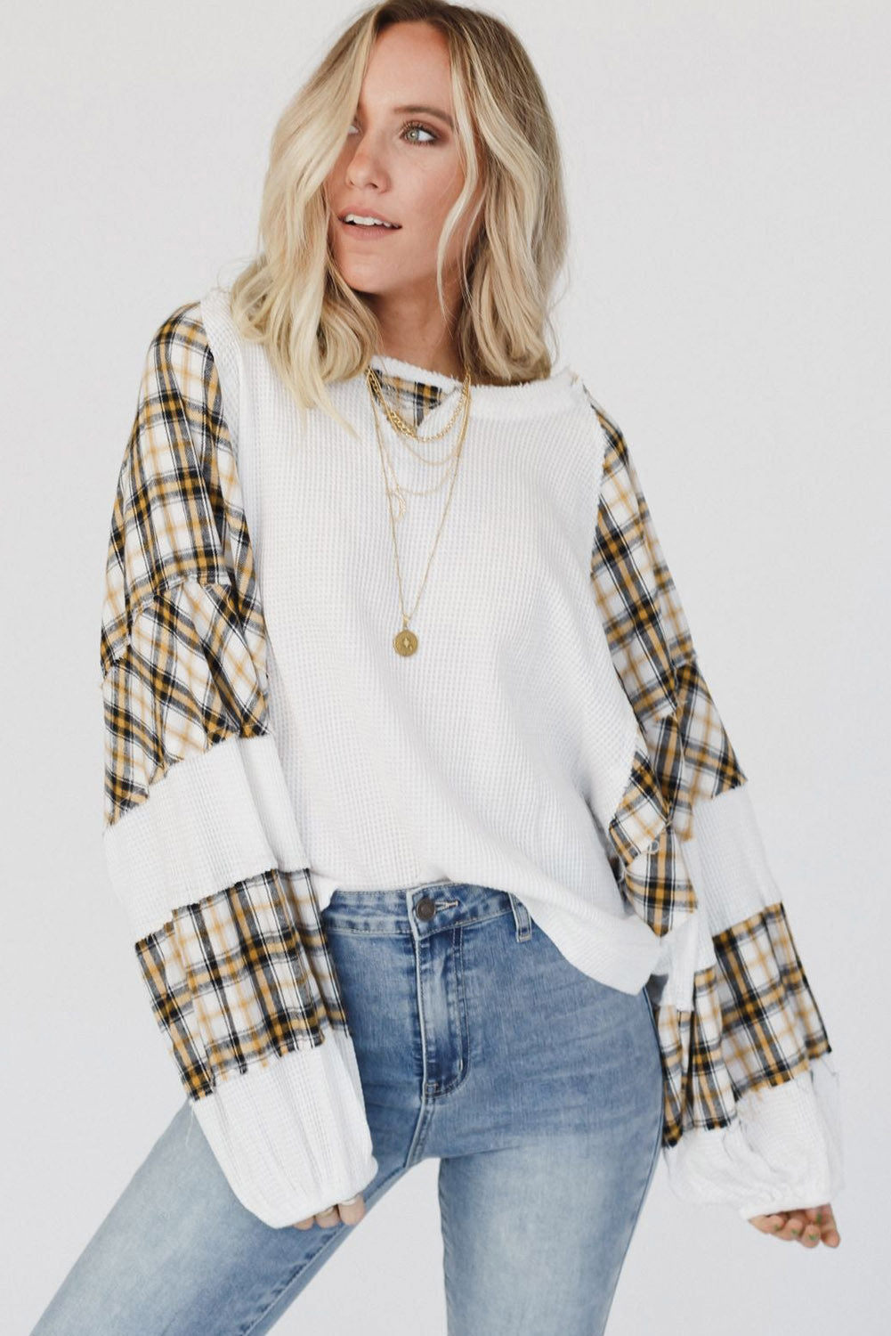 White Plaid Patch Waffle Knit Long Sleeve Top