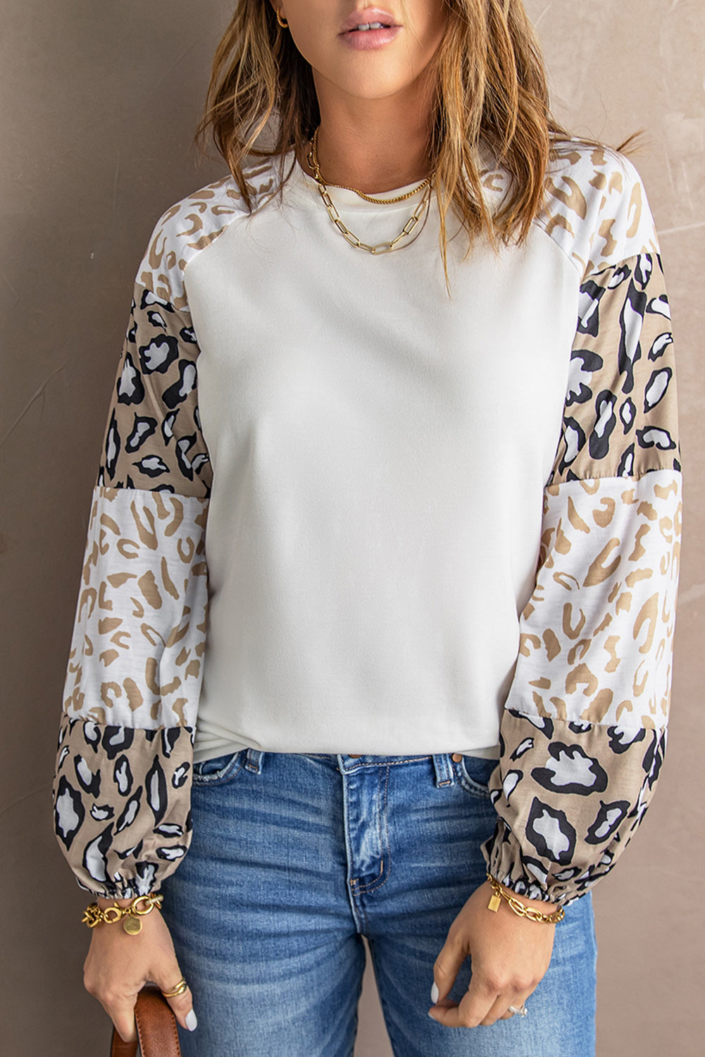 Ivory Cheetah Print Lantern Sleeve Crew Neck Raglan Shirt