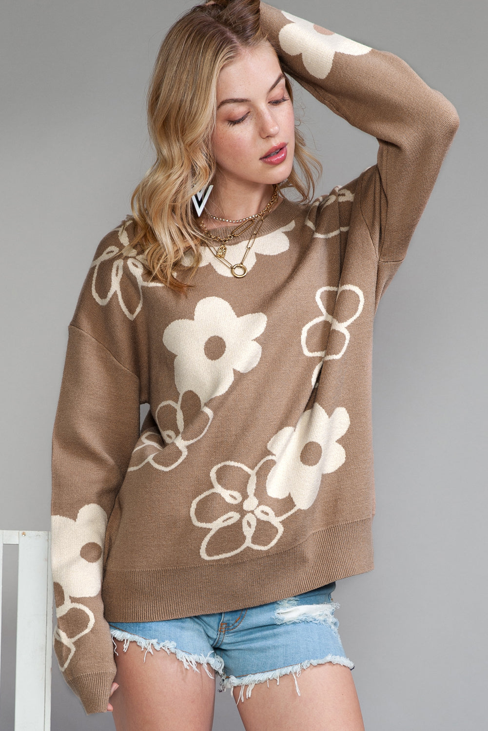 Camel Floral Print Ribbed Contrast Sweater