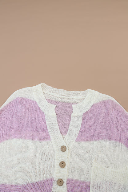 Pink Striped Long Sleeve Henley Knit Sweater with Slits