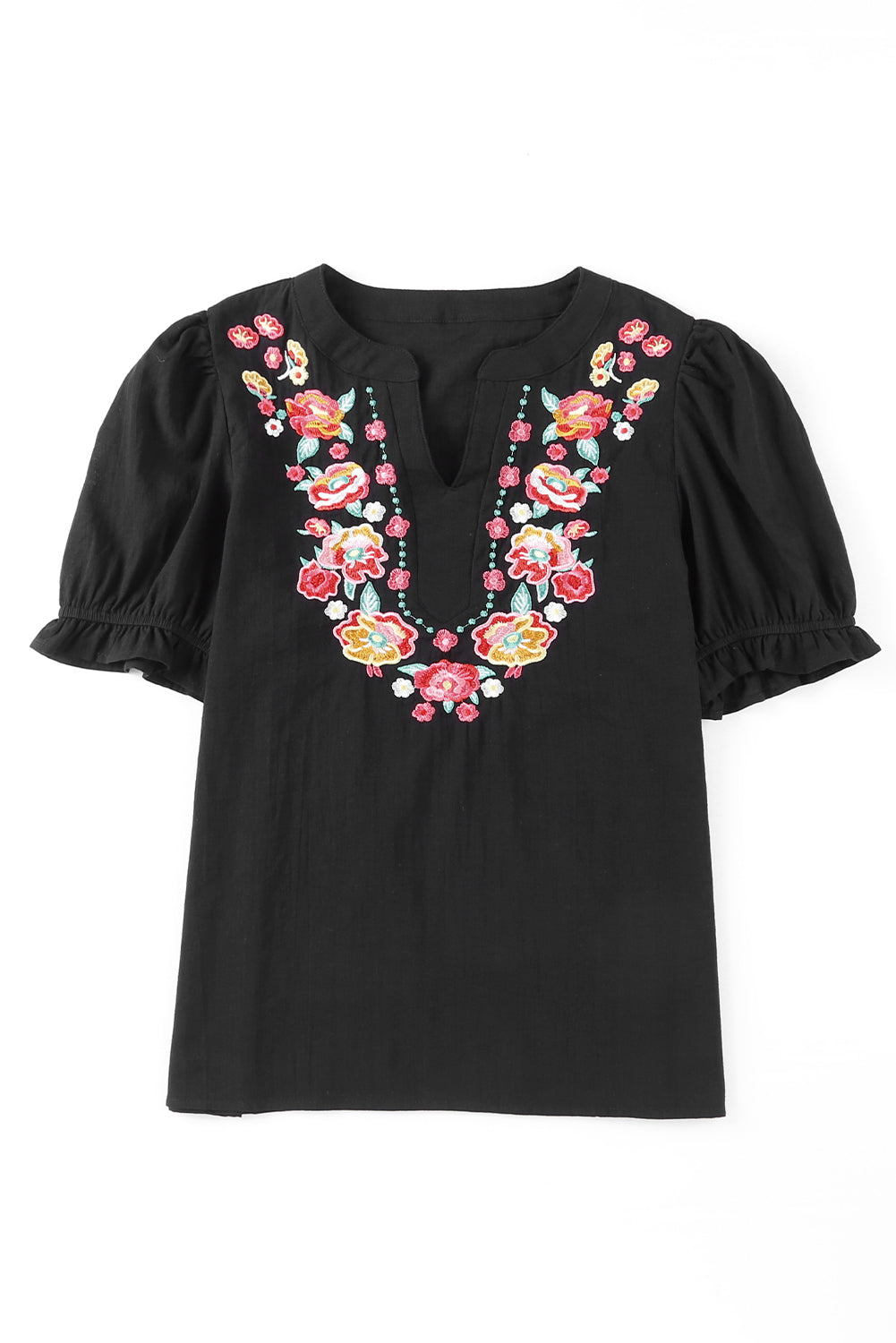 Black Floral Embroidered Boho Ruffle Puff Sleeve Blouse