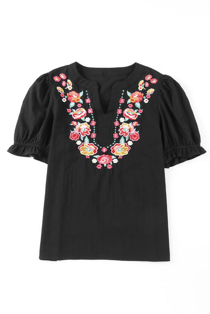 Black Floral Embroidered Boho Ruffle Puff Sleeve Blouse