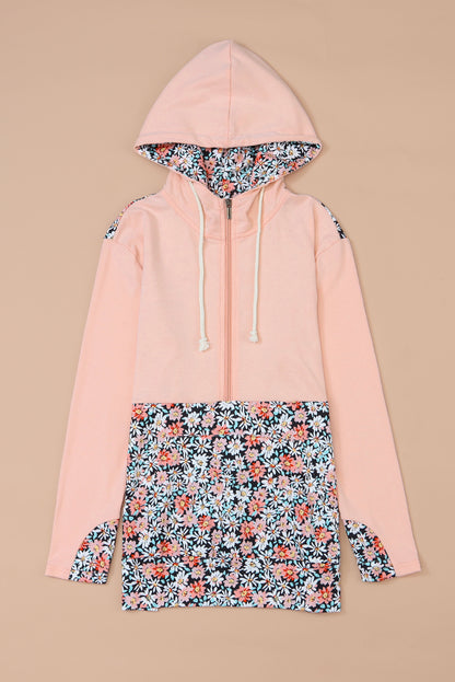 Pink Casual Daisy Print Colorblock Half Zip Hoodie