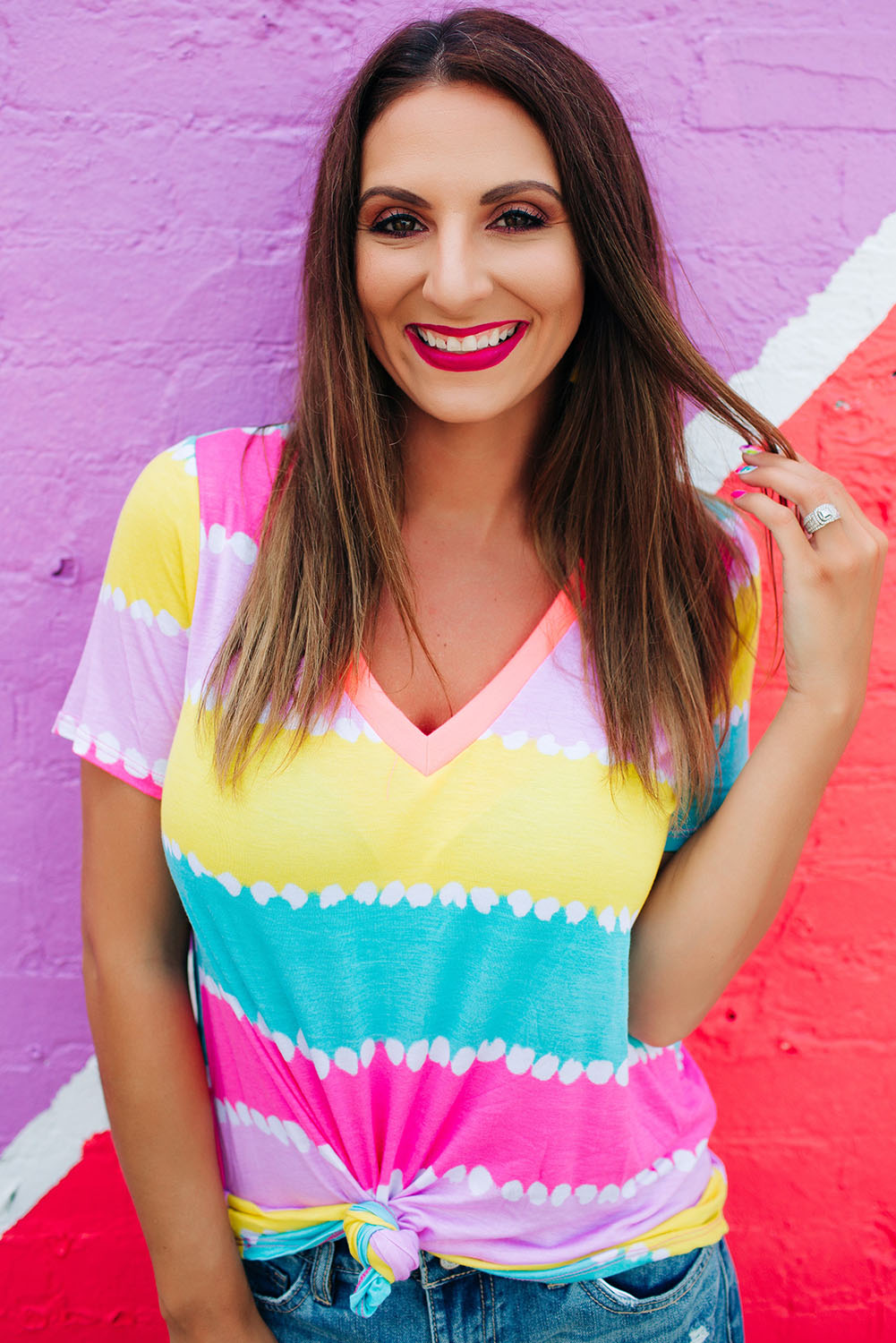 Yellow Striped Color Block V Neck T Shirt