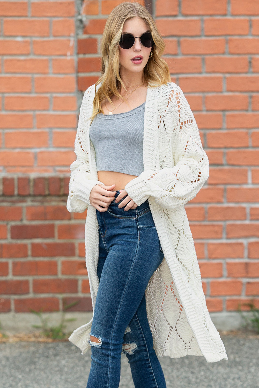 White Crochet Knit Hollowed Open Front Cardigan