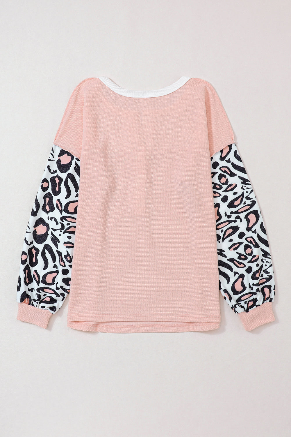 Pink Waffle Knit Leopard Sleeve Patchwork Henley Top