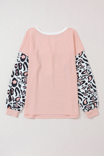 Pink Waffle Knit Leopard Sleeve Patchwork Henley Top