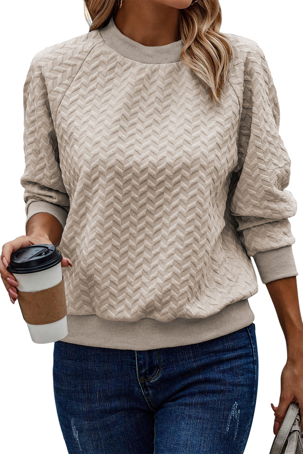 Beige Solid Color Raglan Sleeve Pullover Sweatshirt