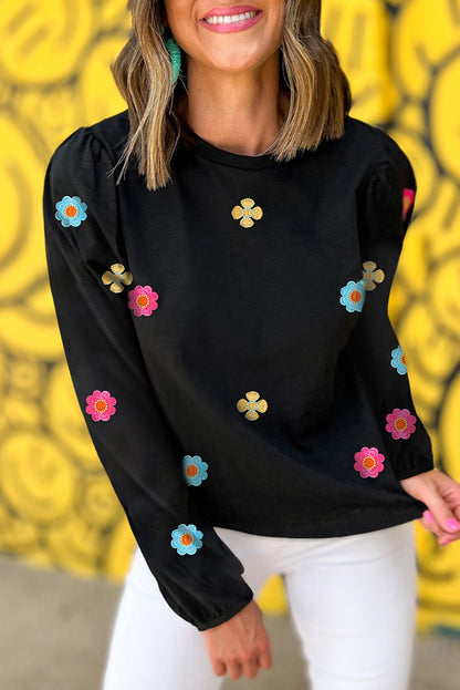 Grey Floral Embroidered Puff Sleeve Top