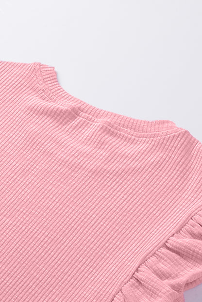 Pink Ruffle Sleeve Crewneck Ribbed Crop Top