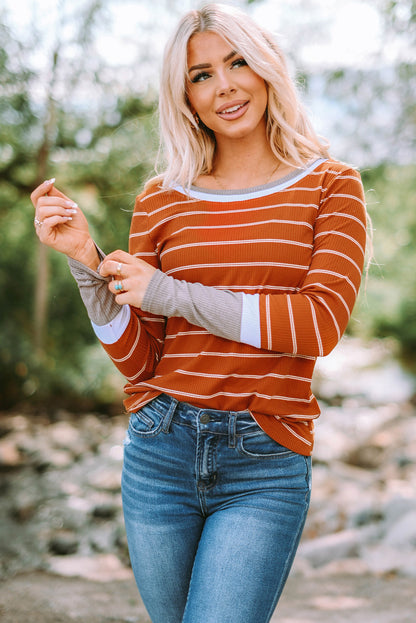 Brown Contrast Spliced Color Block Cuffs Rib Knit Top