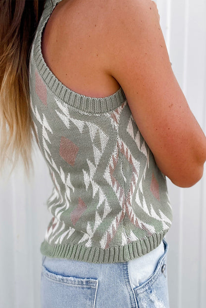 Laurel Green Tribal Geometric Pattern Knit Tank Top