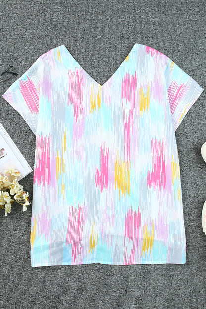 Pink Abstract Print V Neck Short Sleeve Dolman Blouse