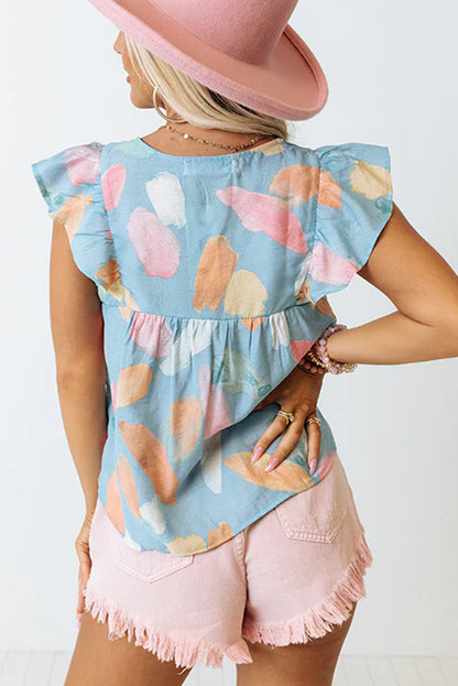 Light Blue Abstract Colorblock Ruffle Sleeveless Blouse