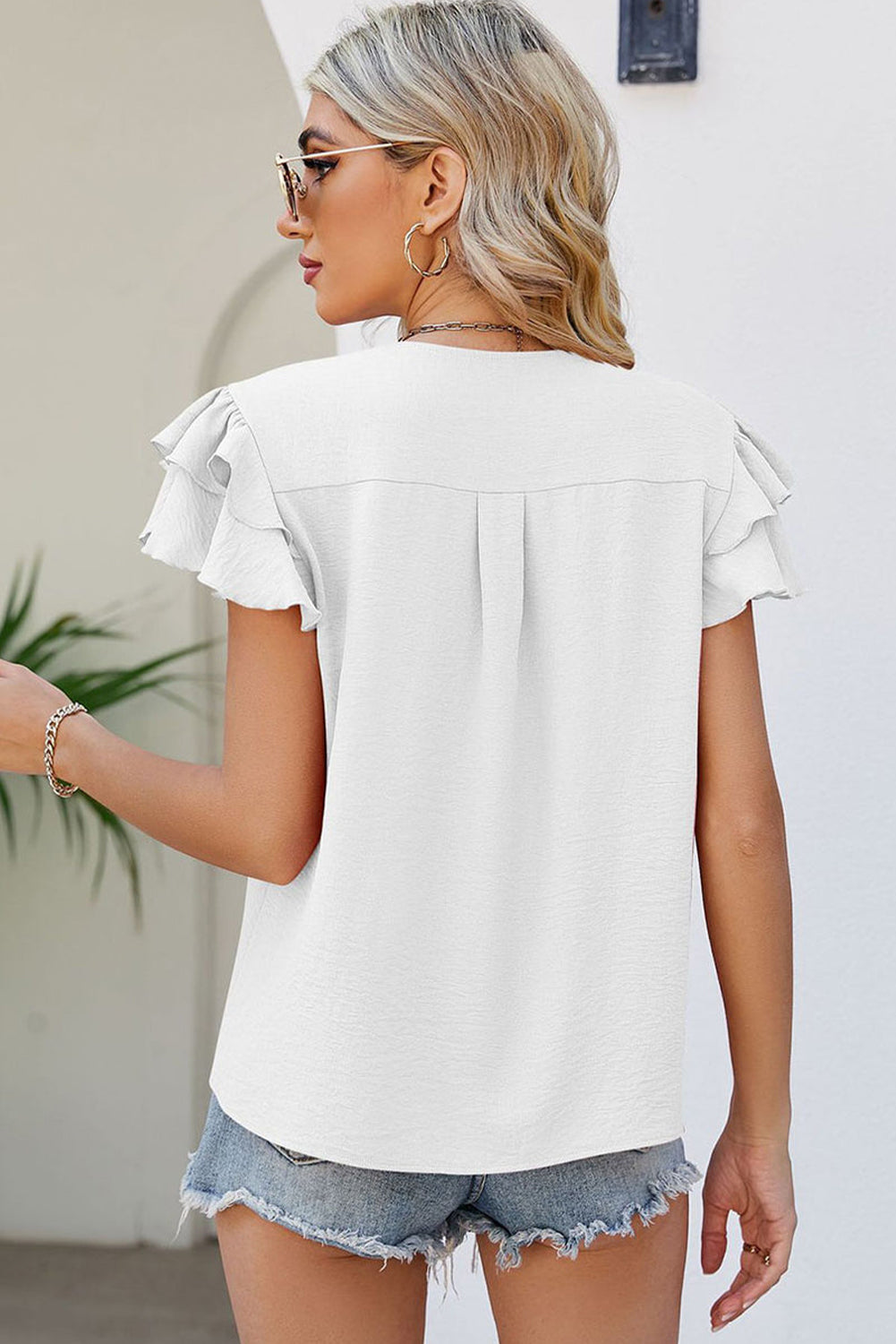 White V Neck Ruffle Short Sleeve Blouse