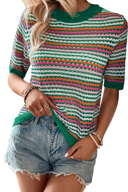 Dark Green Striped Pattern Hollow Out Knit T Shirt