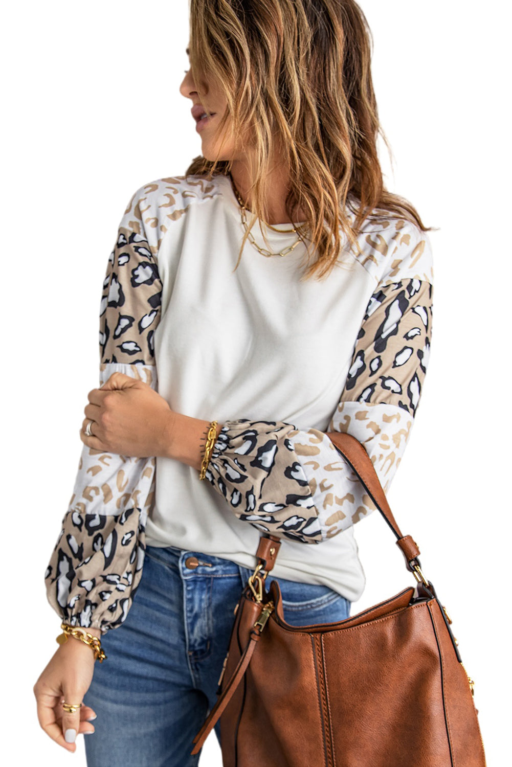 Ivory Cheetah Print Lantern Sleeve Crew Neck Raglan Shirt