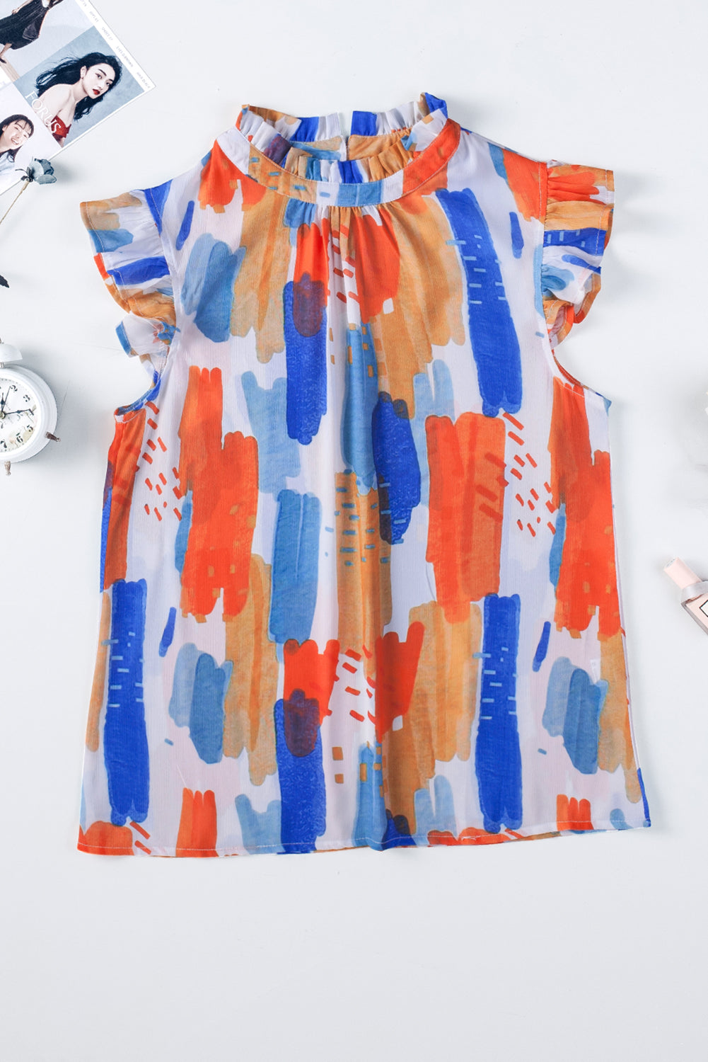 Multicolor Abstract Print Ruffled Sleeveless Blouse for Women