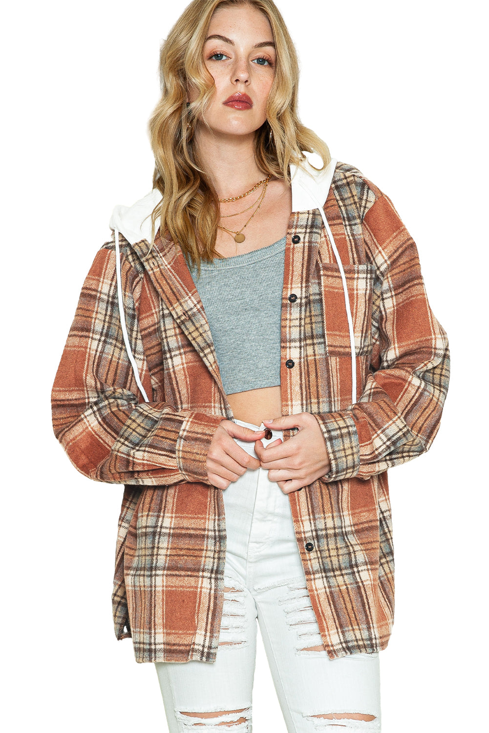 Multicolor Plaid Puff Sleeve Hooded Patchwork Shacket