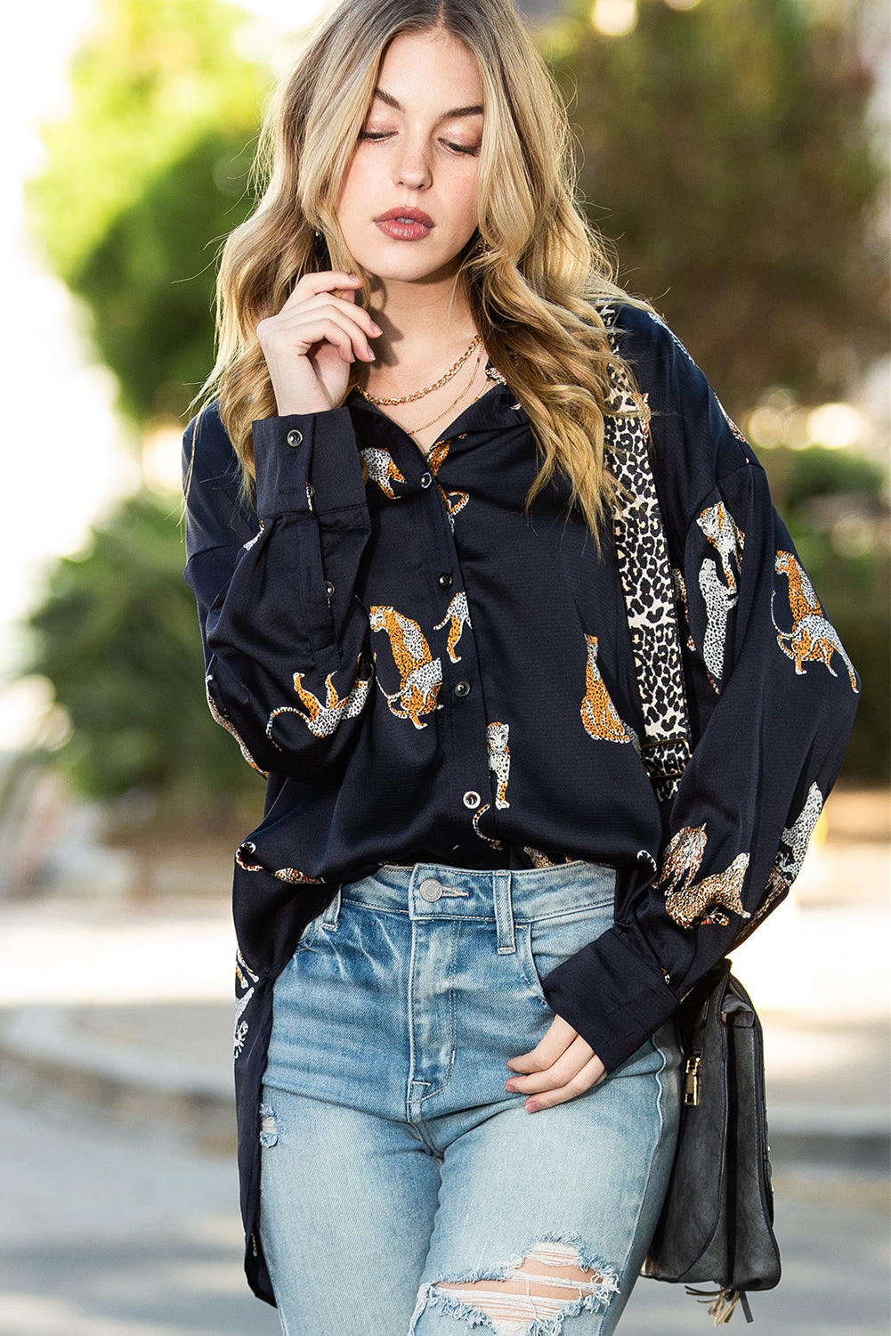 Black Animal Print Button Up Satin Shirt