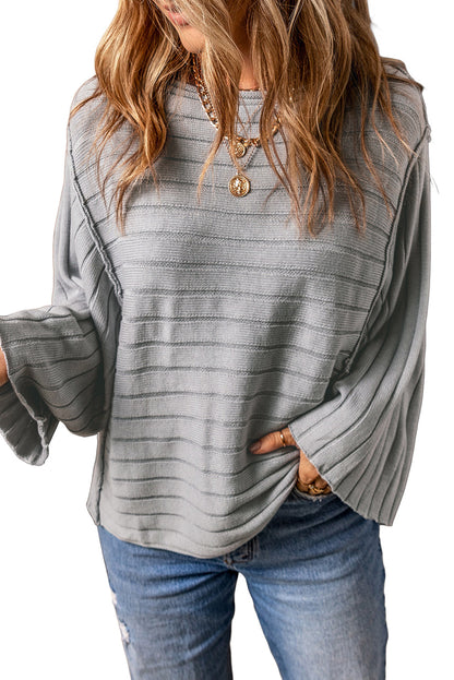 Apricot Solid Color Ribbed Knit 3/4 Sleeve Pullover Sweater