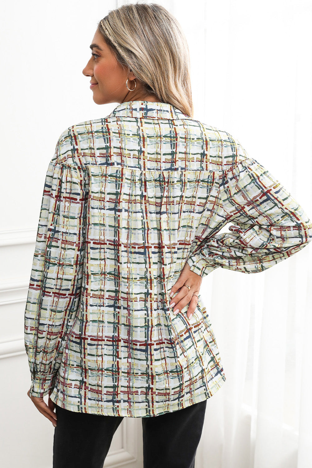 Multicolor Plaid Pleated Long Sleeve Shirt