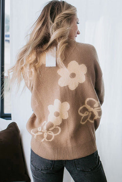 Camel Floral Print Ribbed Contrast Sweater