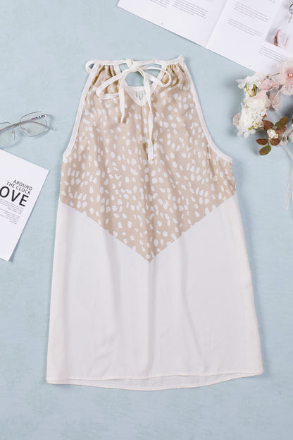 White Spotted Print Casual Tie Neck Color Block Camisole