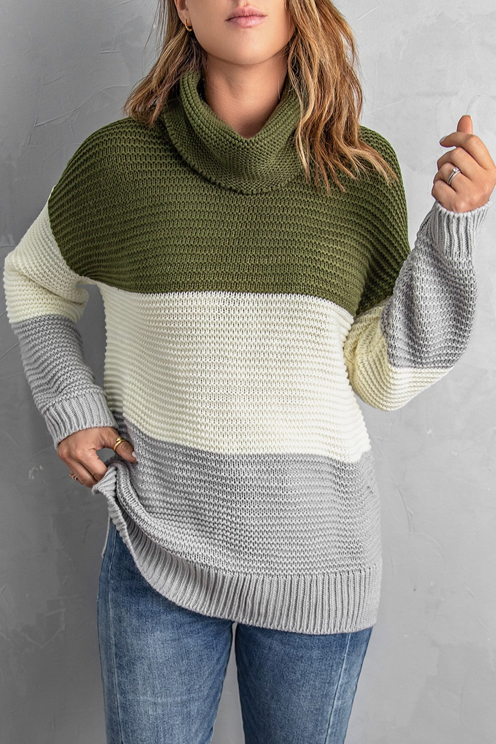 Color Block Knitted Pullover Cowl Neck Women Sweater