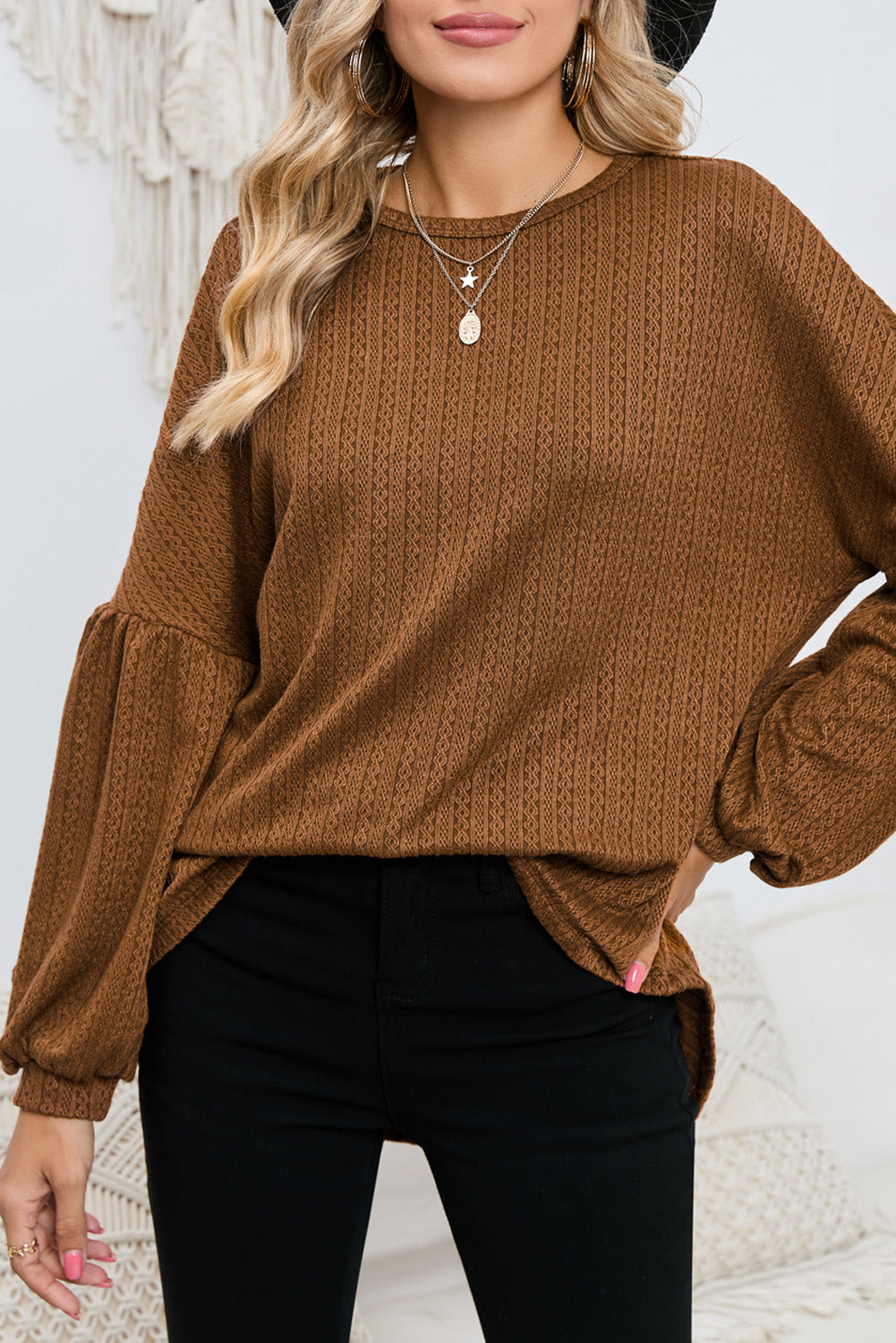 Brown Solid Color Textured Pullover Casual Top