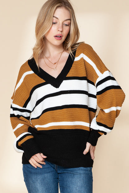 Bold Stripes Meet Comfort: Brown Colorblock V-Neck Sweater