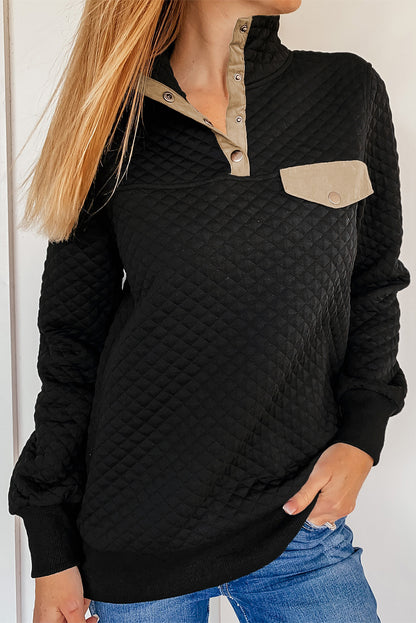 Grey Stand Collar Brown Quilted Snap Button Sweatshirt