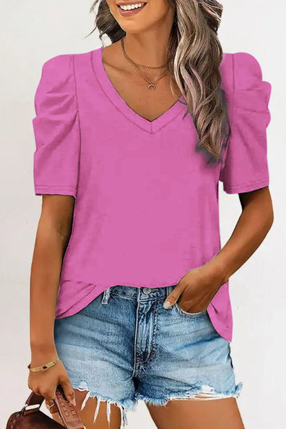 White Puff Sleeve Casual V Neck T-Shirt