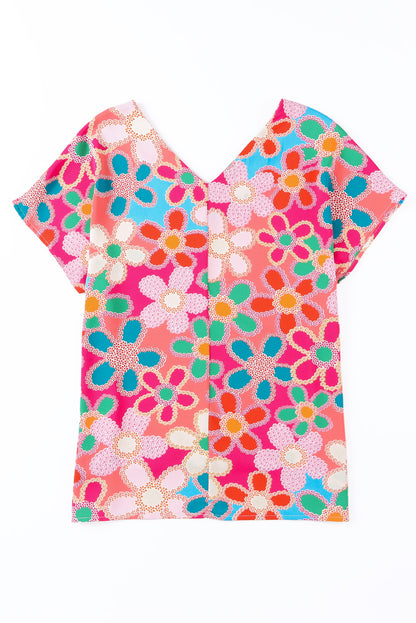 Pink Abstract Print V Neck Short Sleeve Dolman Blouse