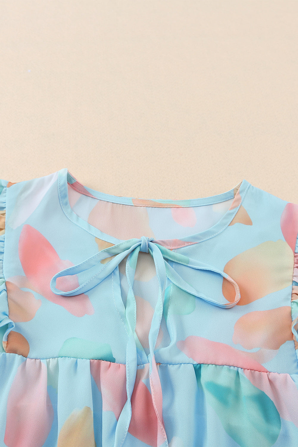 Light Blue Abstract Colorblock Ruffle Sleeveless Blouse