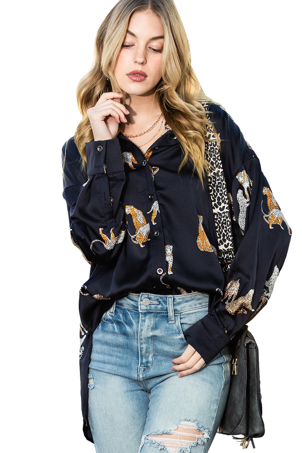 Black Animal Print Button Up Satin Shirt